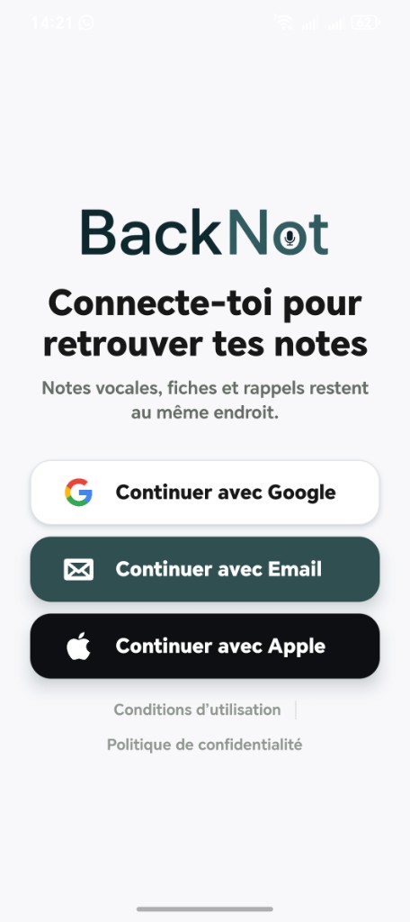 Connexion Backnot — Google, email et Apple